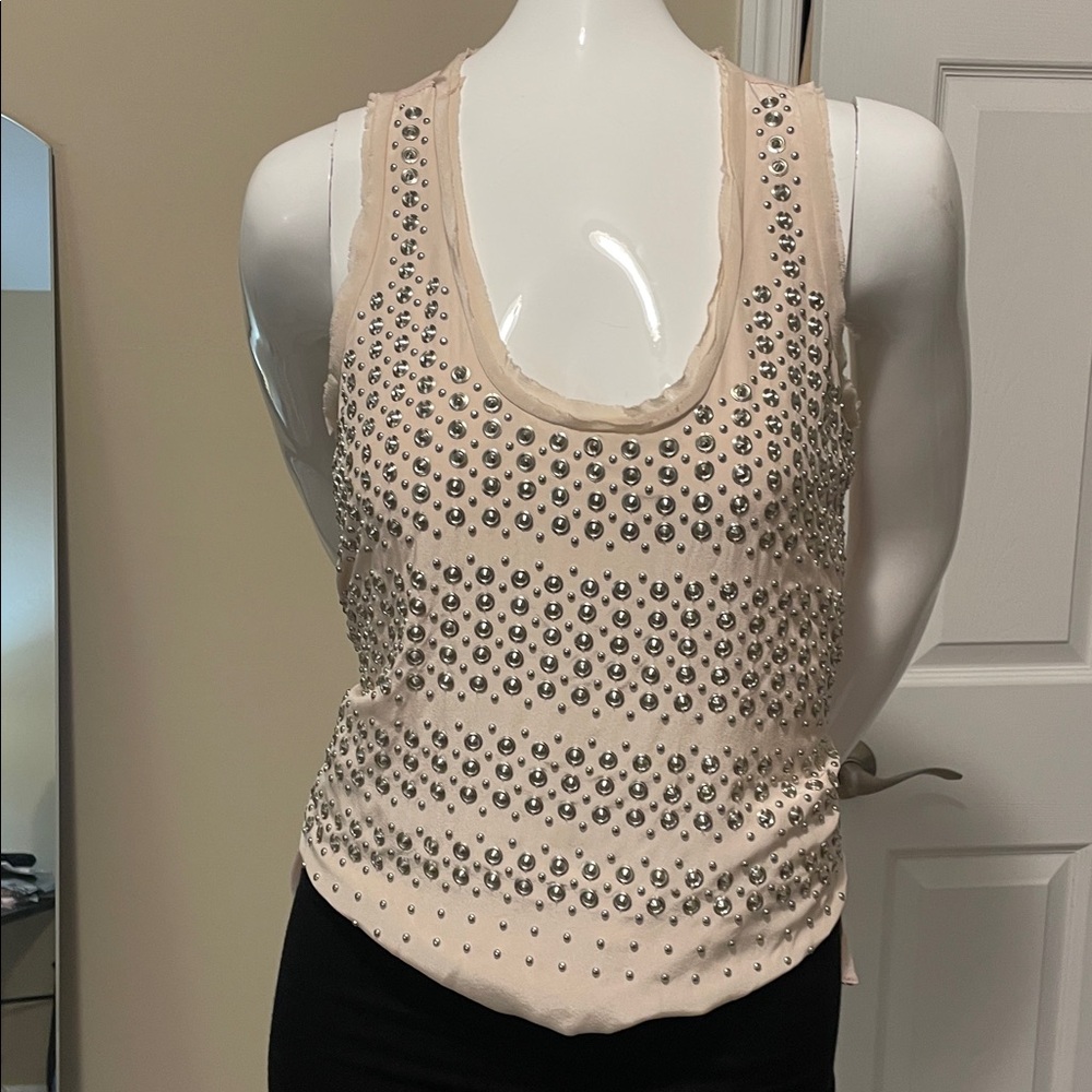 Rebecca Taylor Silk Scoop Neck Silver Metal Embellished  Tank Top Camisole 2 EC
